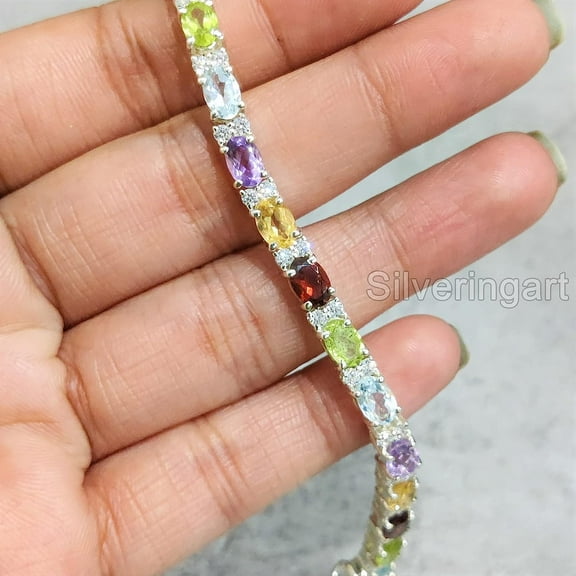 Multi Color Bracelet, 925 Sterling Silver Bracelet, Multi Gems, CZ Bracelet, Womens Bracelet, Handmade Bracelet, Natural Amethyst Peridot Citrine Topaz Garnet, Chakra Bangle, Christmas, Thanksgiving