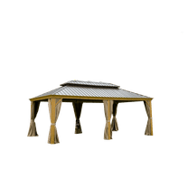 Newboti 14x20FT Hardtop Gazebo, Permanent Metal Gazebo with Galvanized Steel Double Roof and Aluminum Frame, Curtain and Netting, Large Pavilion Gazebo, Wood Looking 565968382230793