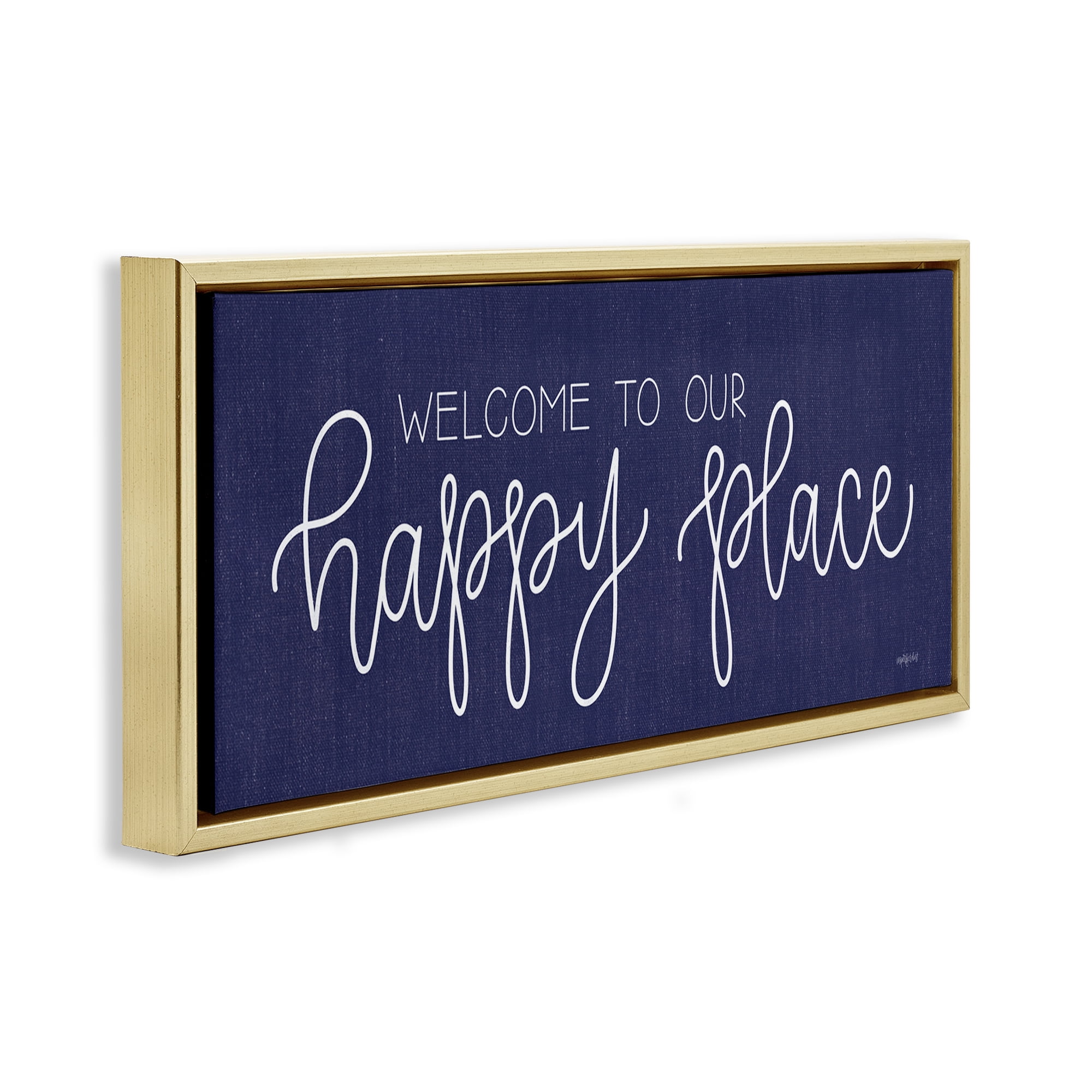 Stupell Industries Welcome Happy Place Typography Painting Gold Floater Framed Art Print Wall Art, 25 x 11