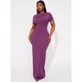 thumbnail image 5 of Plus Size Women's Solid Color Round Neck Short Sleeve Fitted Elegant Maxi Dress, 5 of 10