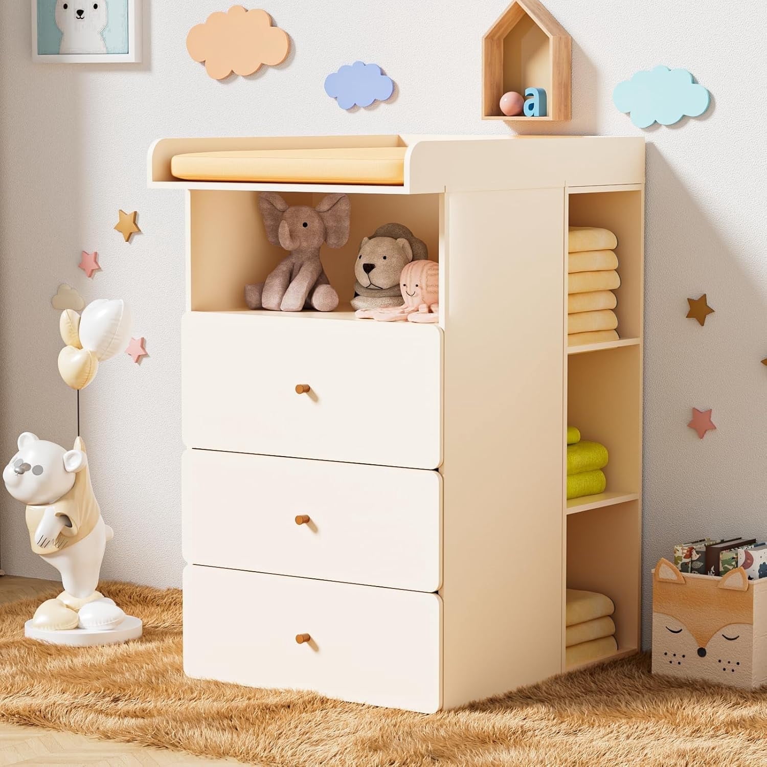 Baby Changing Table Dresser with Removable Nappy Tray, Lattice Cabinets - Cuoote 6 Drawer Nursery Dresser, Diaper Changing Station for Nursery, Living Room (Nude Pink)