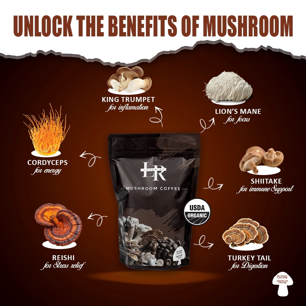 Luxuriaz Instant Mushroom Coffee (30 Servings) – USDA Organic 6-Mushroom Blend with Lion's Mane, Reishi & Cordyceps for Focus, 180g