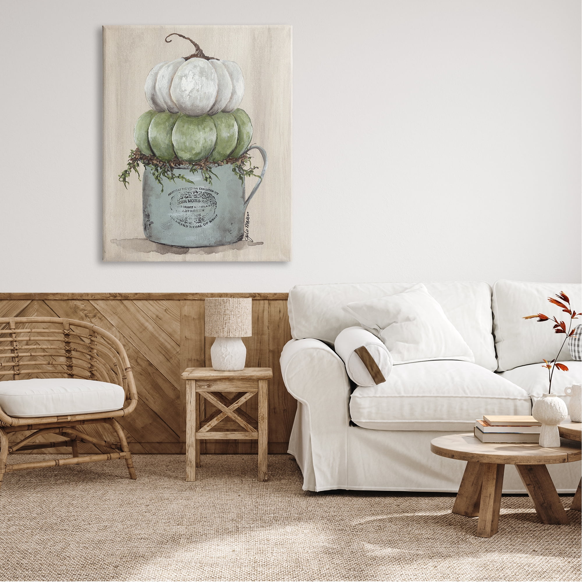 Green White Harvest Pumpkins Country Jar Planter Botanical & Floral Painting Gallery-Wrapped Canvas Print Wall Art