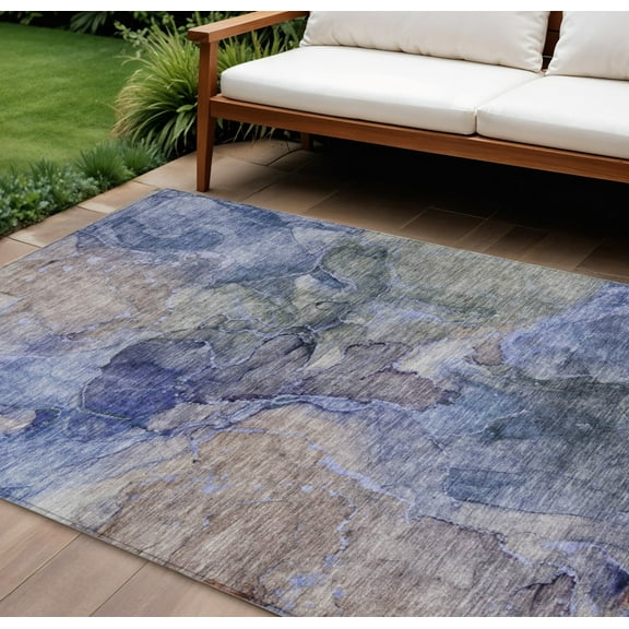 9' X 12' Navy Blue And Beige Abstract Washable Indoor Outdoor Area Rug