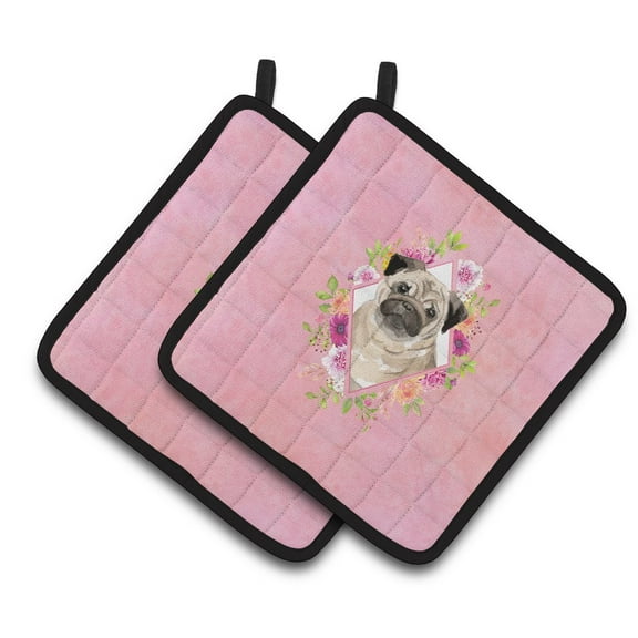 Fawn Pug Pink Flowers Pair of Pot Holders