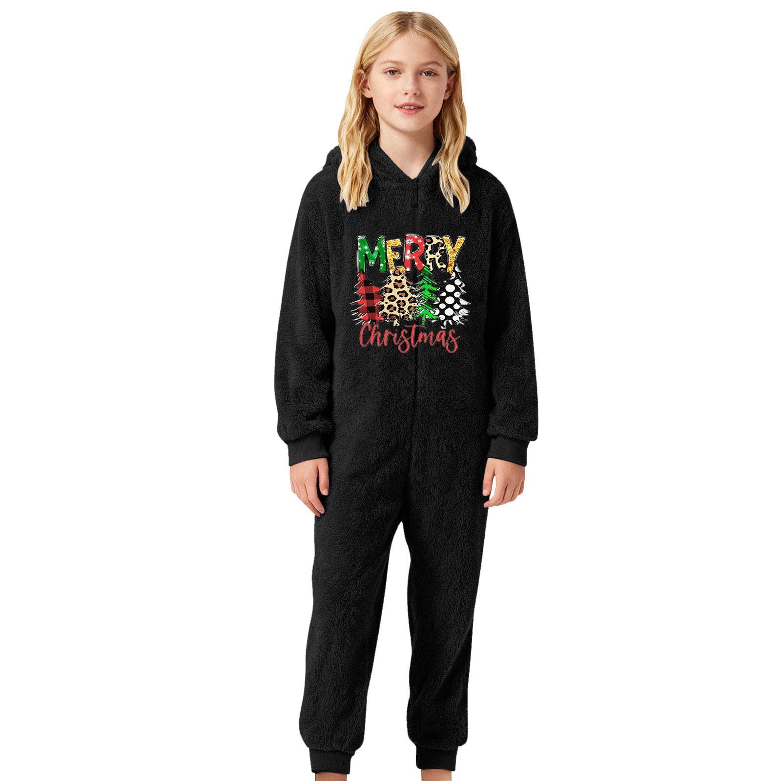 Gelikeya Boys Girls Christmas Onesies Pajamas Fuzzy Jumpsuit Kids Toddler Long Sleeve Jumpsuit Thermal Winter Outfits (Playwear & Black & 1-2 Years)