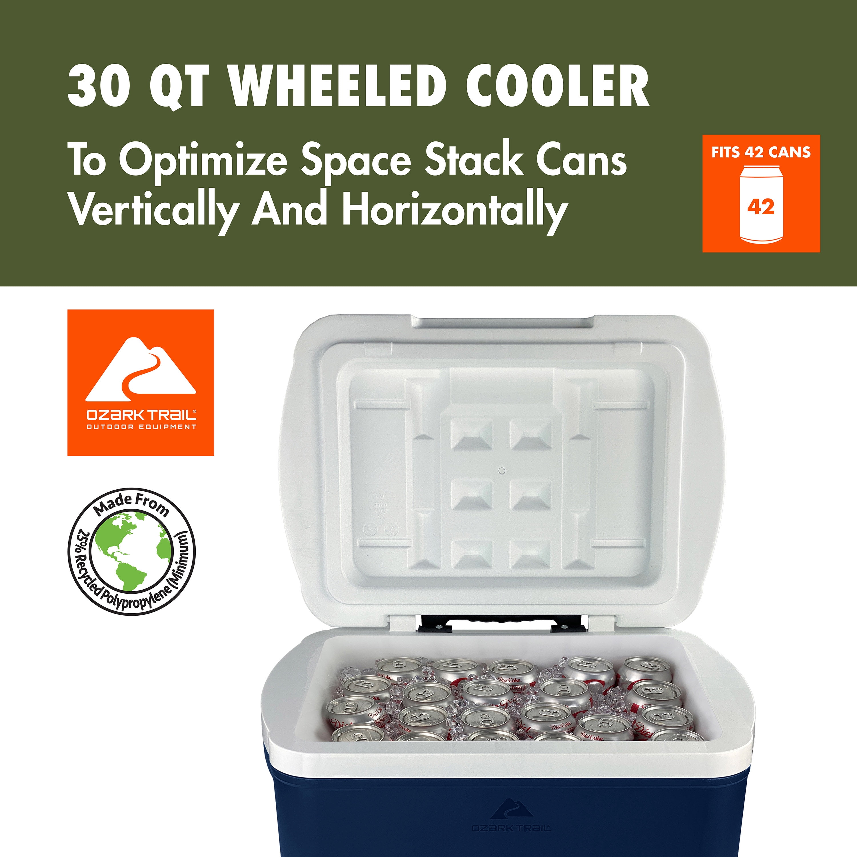 Ozark Trail 30 Quart Capacity Hard Side Wheeled Cooler, 42-Can, Navy