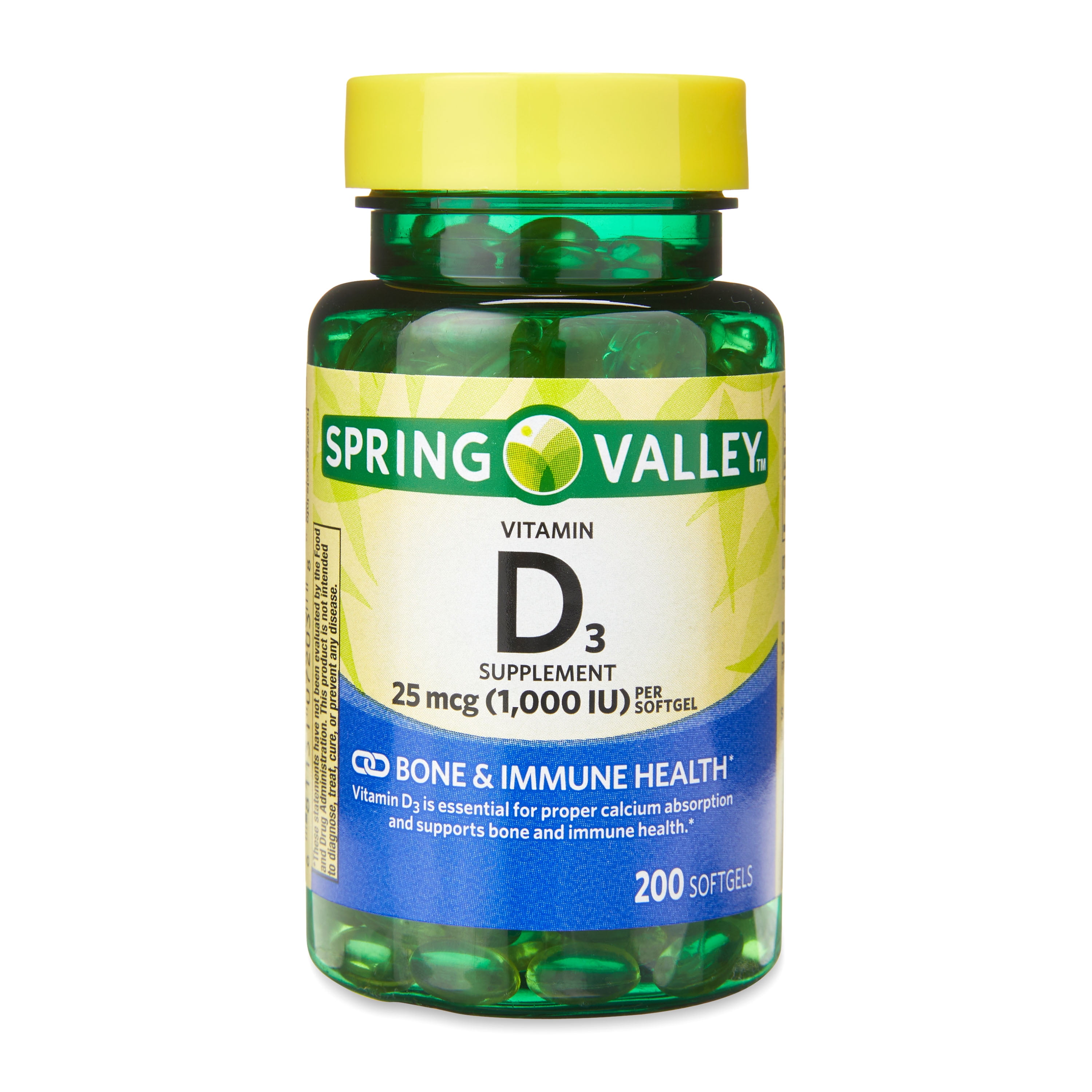 Spring Valley Vitamin D3, 25 Mcg (1,000 IU) Softgels, 200 Count, Dietary Supplement
