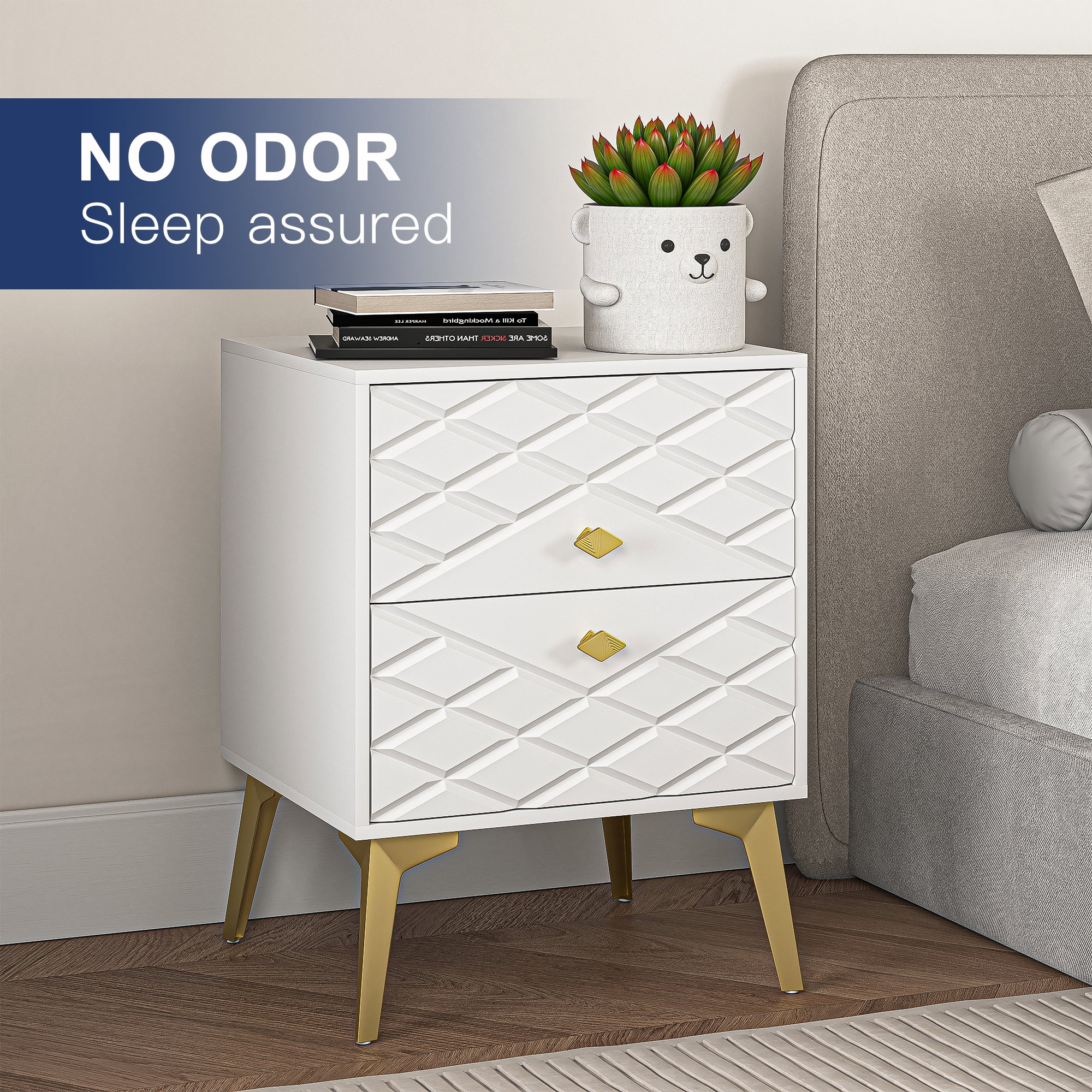 Finihen 22" Tall Carved Nightstand with 2 Drawers, End Table Dual Night Stand with Metal Legs for Bedroom Living Room, White