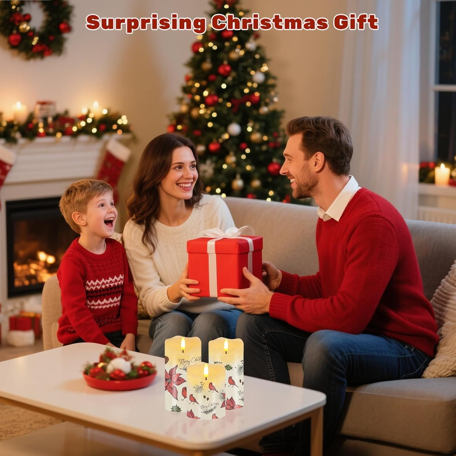Christmas Flameless Candles, Set of 3 Flickering Red Cardinal LED Candles with Remote & Timer, Dimmable Real Wax Electric Pillar Candles Battery Operated for Home Christmas Decor
