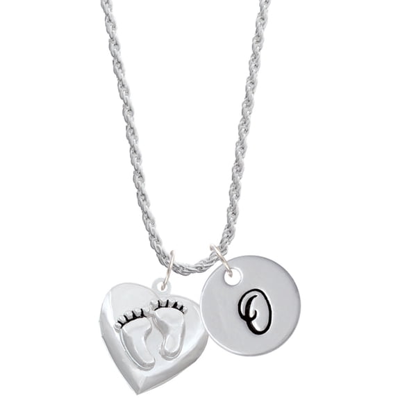 Delight Jewelry Silvertone Baby Feet Heart Locket Silvertone Script Initial Disc - O - Charm Necklace, 20"+3"