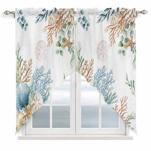 Beach Coastal Swag Valances for Windows, Kitchen Curtains 36 Inch Length 2 Panels Set, Summer Nautical Coral Shell Botanical Short Curtains for Small Windows Rod Pocket Cafe Curtains Drapes 28"x36"