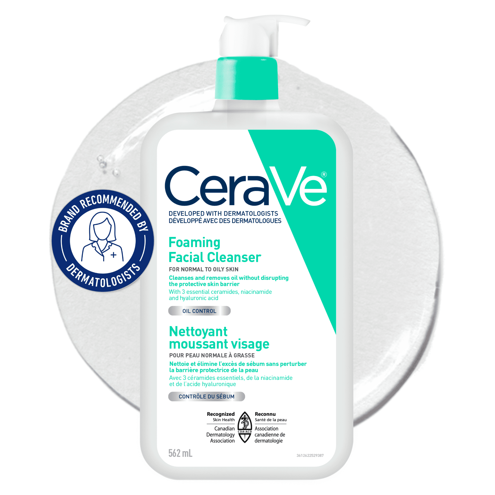 CeraVe Nettoyant Moussant, Gel Nettoyant avec Céramides et Niacinamide pour Peau Normale à Grasse, 562 ml