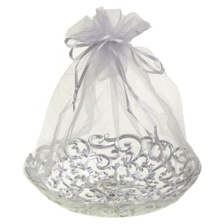 Raspberry Swirl Basket - Organza Wrap Basket with Plastic Swirl Tray, 8-Inch, Silver