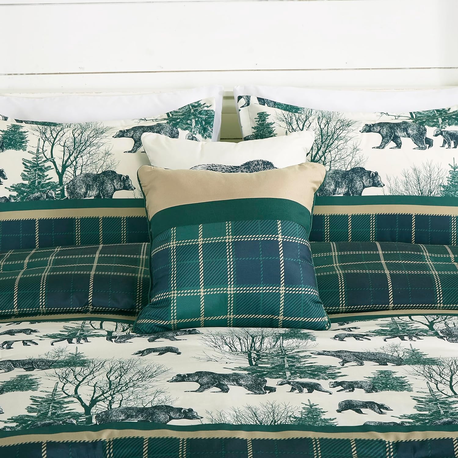 Chezmoi Collection Basin 7-Piece Northwest Cabin Lodge Comforter Set, Blue Green Ivory Tan Grizzly Bear Pine Tree Wilderness Printed Microfiber Bedding, Queen