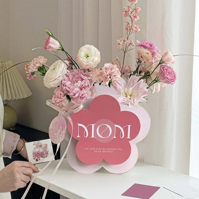 3 cajas de regalo medianas para mamá | Cajas de flores de papel kraft con guirnaldas de cuentas de cristal | Bolsas reutilizables para ramos y decoraciones de cumpleaños para el Día de la Madre