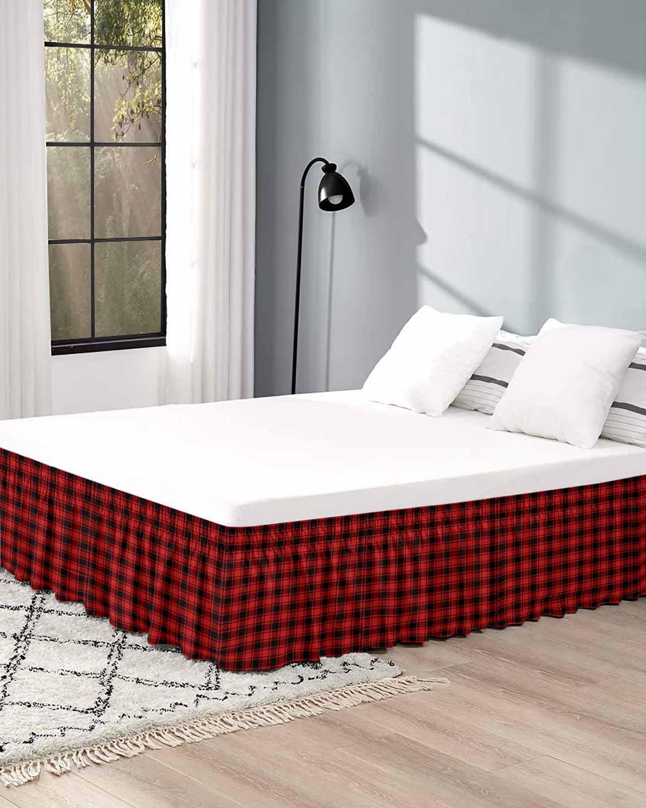 Red Black Plaid Wrap Around Bed Skirts for Queen Bed 16" Drop,Bed Skirt with Adjustable Elastic Belt Bedroom Dust Ruffle Bed Valance Hotel Vintage Farmhouse Abstract Buffalo Check Bed Frame Cover