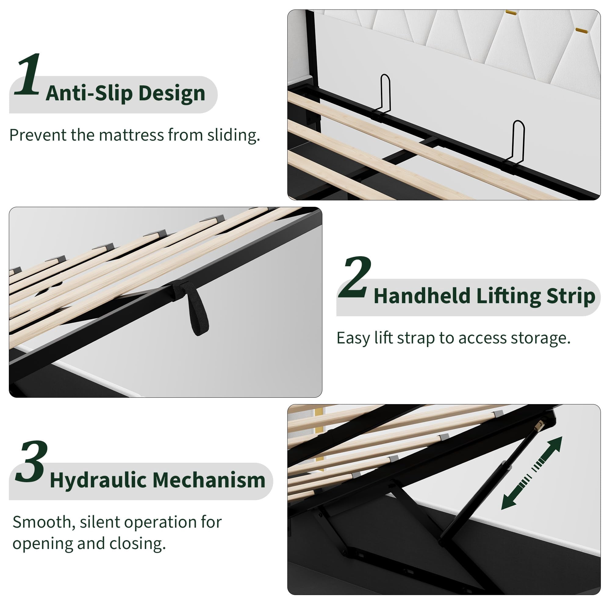 Queen Size Velvet Lift Up Storage Bed Frame, Hydrualic Underneath Storage, Upholstered Platform Bed, Wooden Slats Support, No Box Spring Needed