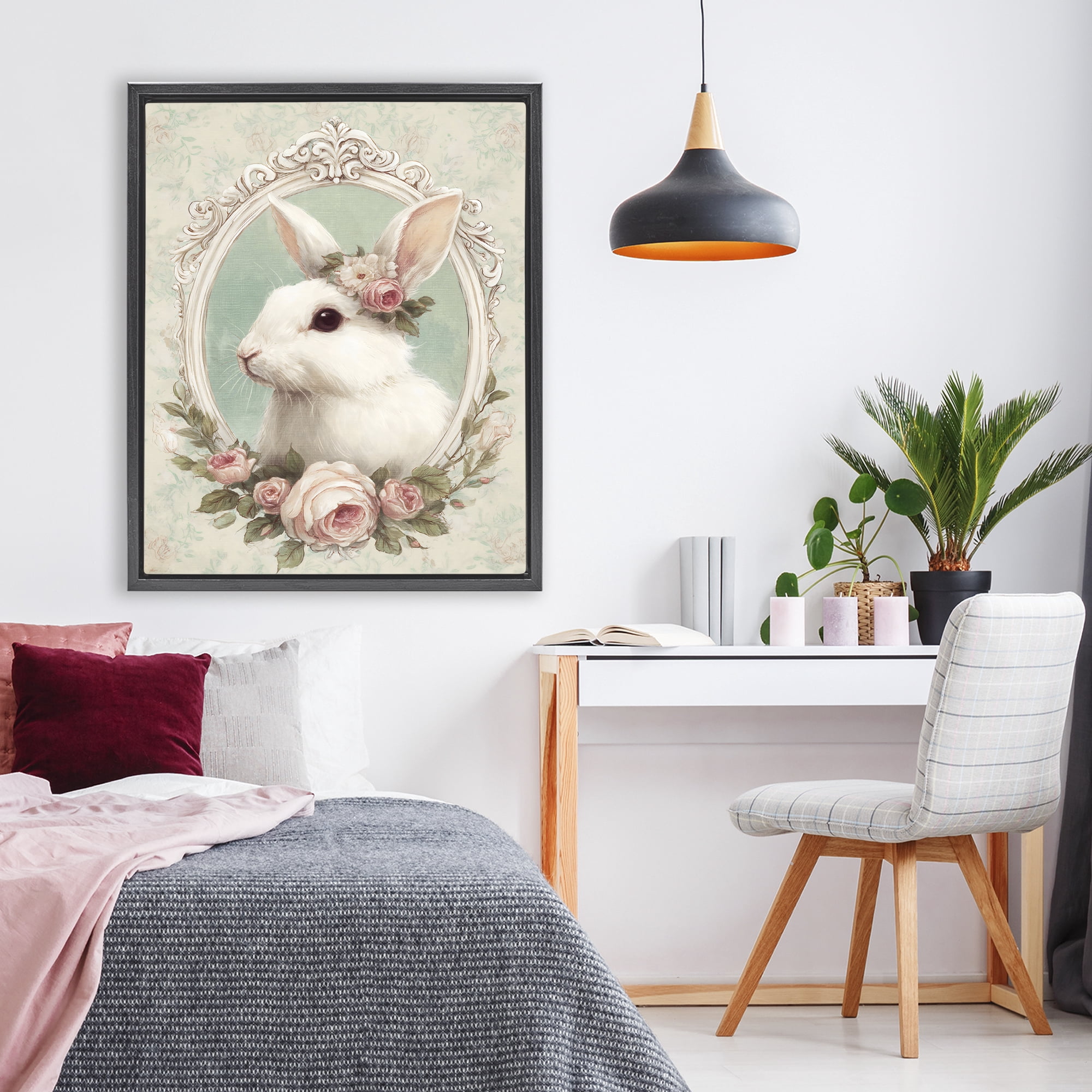 Stupell Industries Flower Fringed Bunny Portrait Black Framed Floater Canvas Wall Art, design by Ink Drop Loft