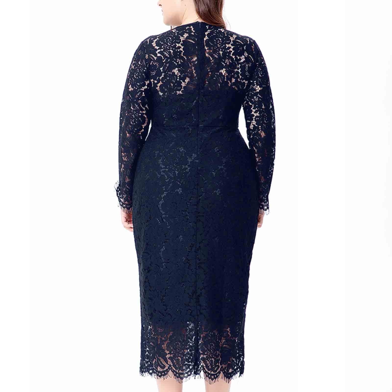 SCSAlgin Evening Dress for Women Lace Long Sleeve Plus Size Dress Solid Color Slim Fit Hollow Out Midi Dresses