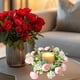 thumbnail image 5 of Candelabro con corona de rosas de té simuladas | Decoración de mesa para fiestas y el hogar | Aro de plástico para velas con hojas y capullos | Centro de mesa de 25 cm, 5 of 6