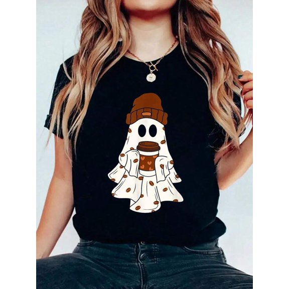 Cute Ghost Coffee Cartoon Halloween Graphic T-Shirt, Tops For Women