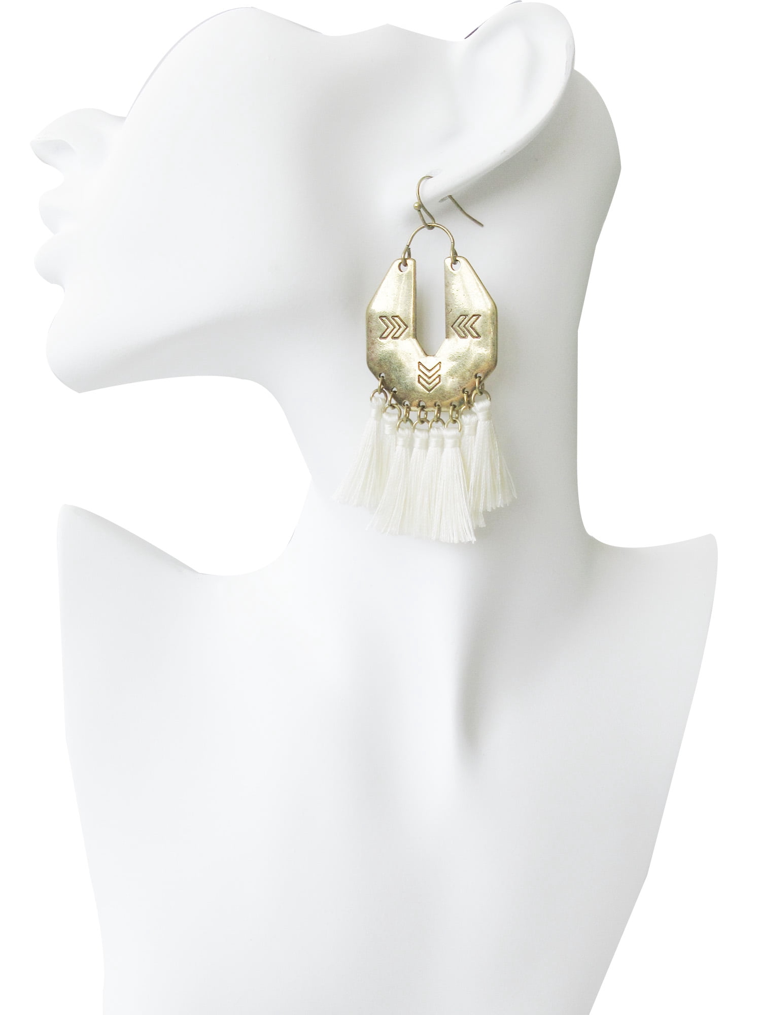 Time and Tru Women's Boho Chic Tassel Earrings Set - Brown & Winter White Hoops with Diamond & U-Shaped Metal Designs