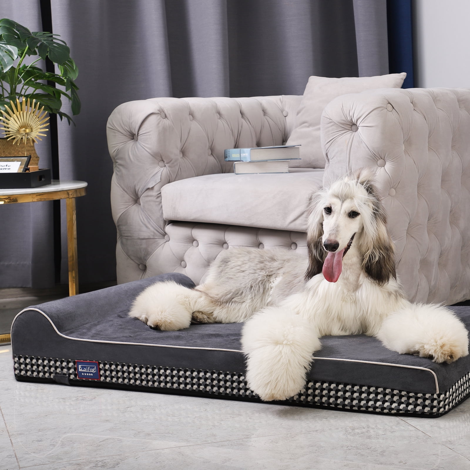 Laifug Orthopedic Memory Foam Large Dog Bed with Pillow and Durable Water Proof Liner & Removable Washable Cover (Black and White Plaid，L)