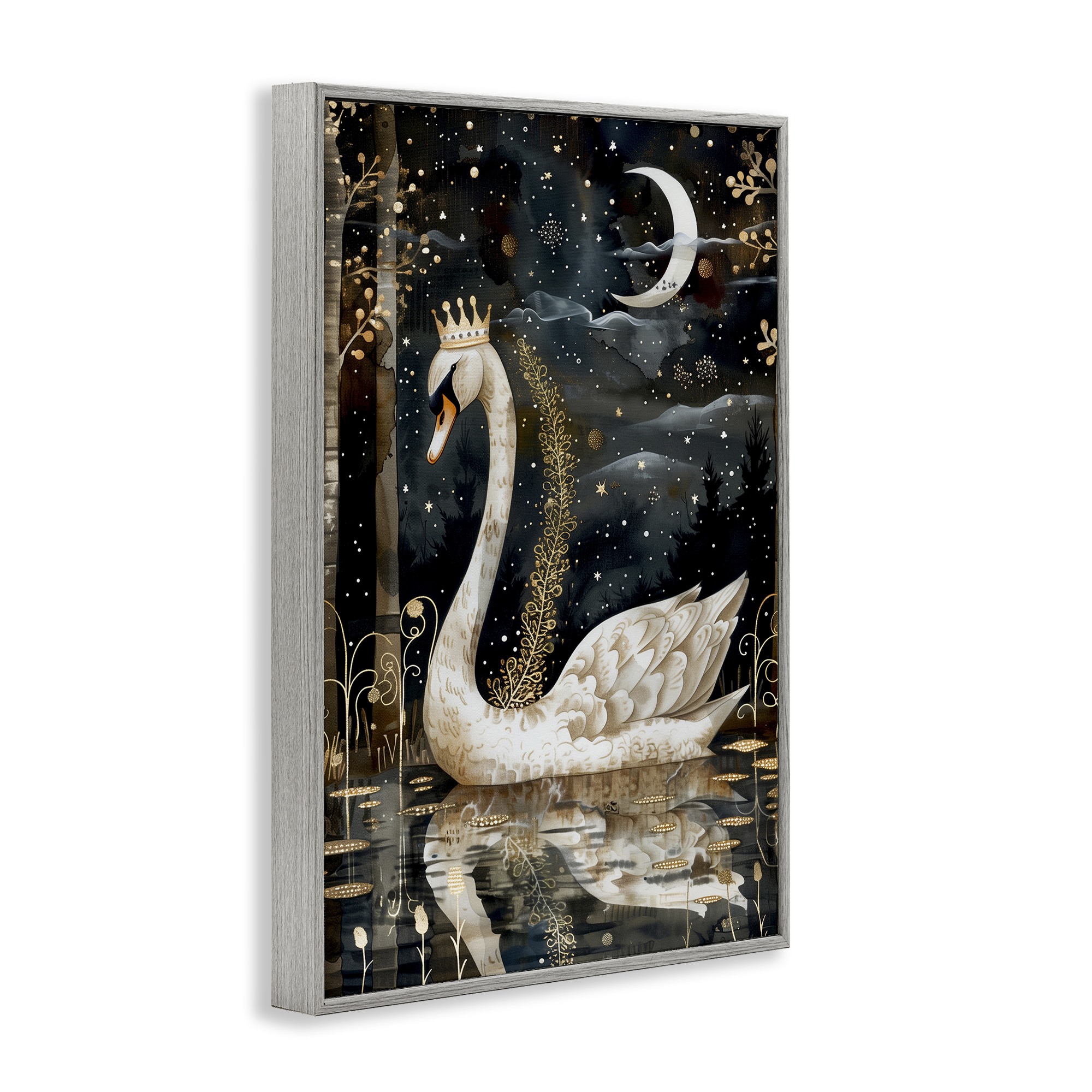 Stupell Industries Regal Swan Moonlight Animals & Insects Painting Gray Framed Art Print Wall Art, 20 x 30