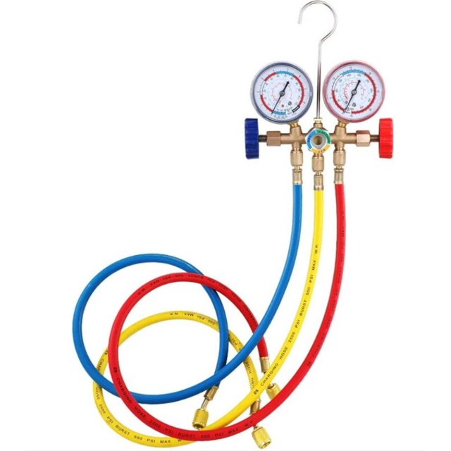 Refrigerant manifold pressure gauge, air conditioning tools with hose and hook for R12 R22 R404A R134A