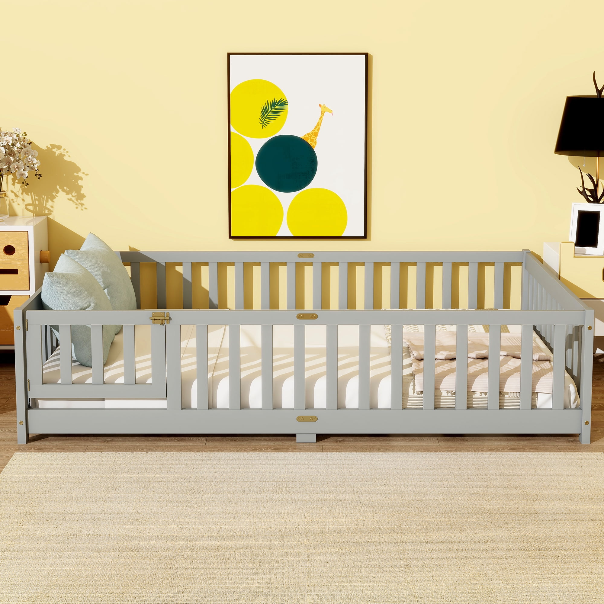 Sailvan Full Floor Bed with Fence and Door, Solid Rubber Wood Kids Platform Bed Frame Grey