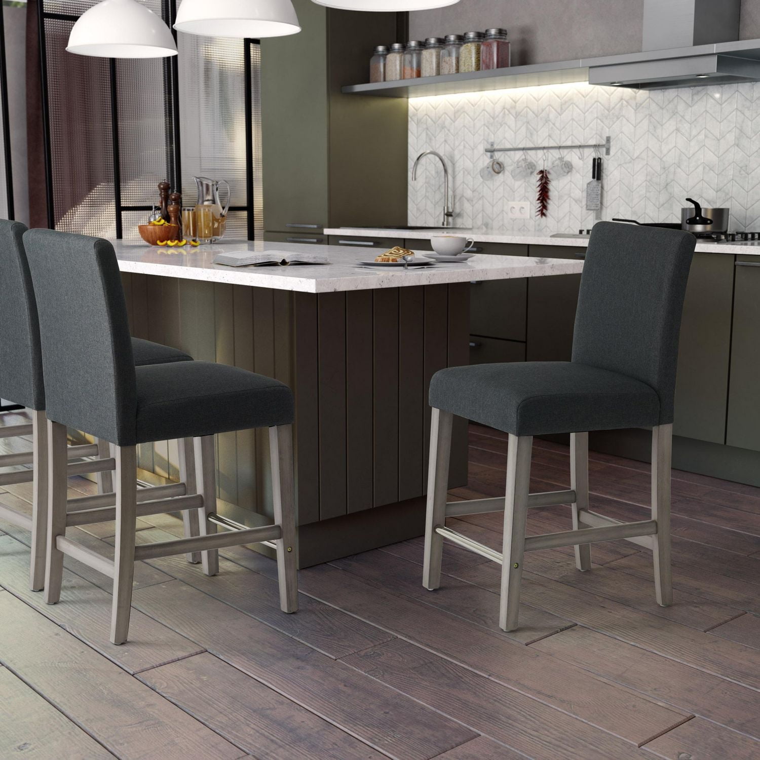 CorLiving Laura Fabric Upholstered Indoor Counter Height Bar Stools with High Backs, Dark Grey