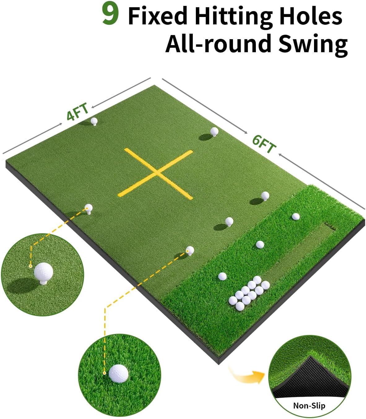 ORFELD 6x4ft Golf Hitting Mat with 9 Hitting Holes, Dual Turf Golf Putting Mat with Ball Tray, Alignment Aid Practice Mat Putting Green for Indoor & Outdoor