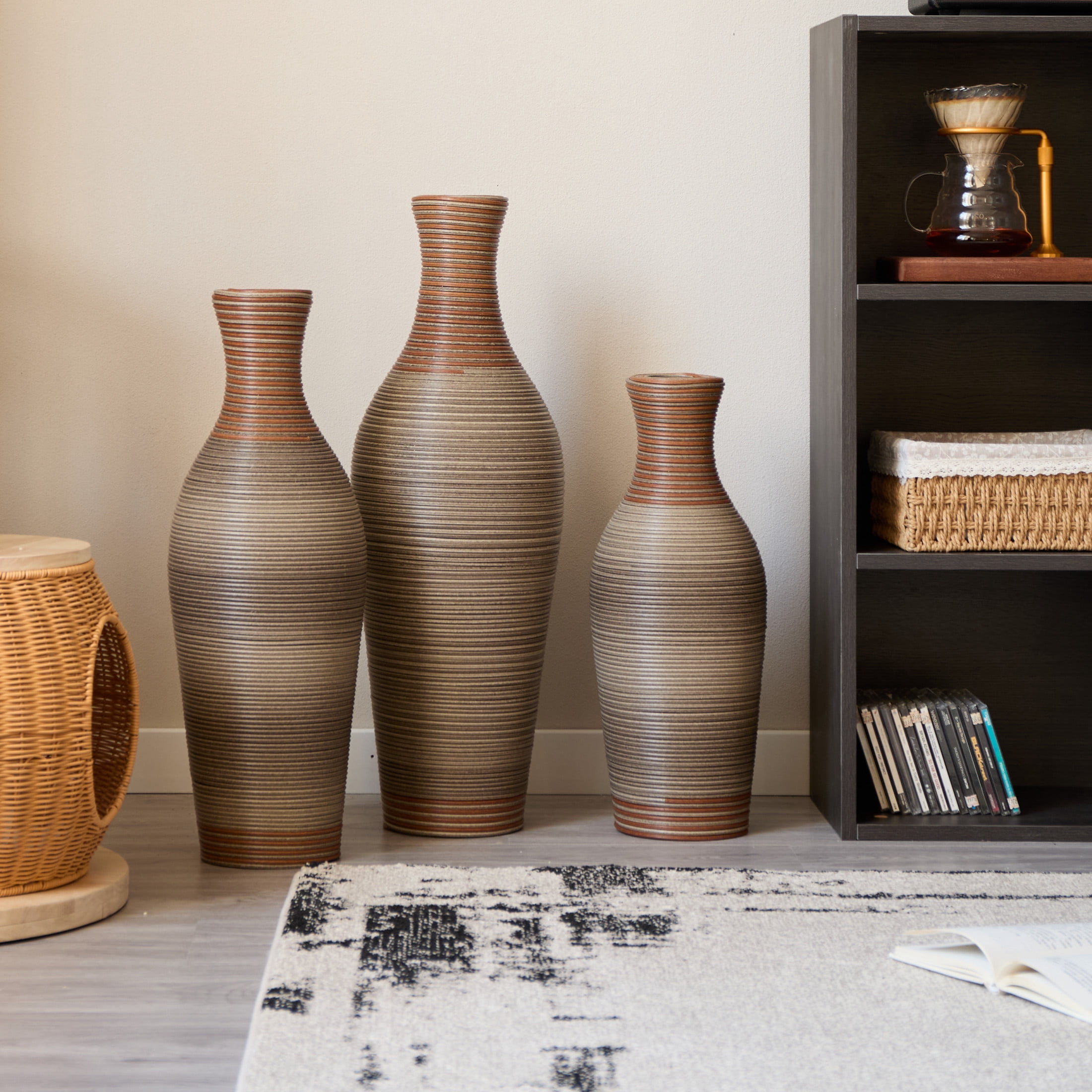 Noble House 28.35", 24.41", 20.47" PVC Rattan Floor Vase Set of 3, Hand-Woven, Brown Gray