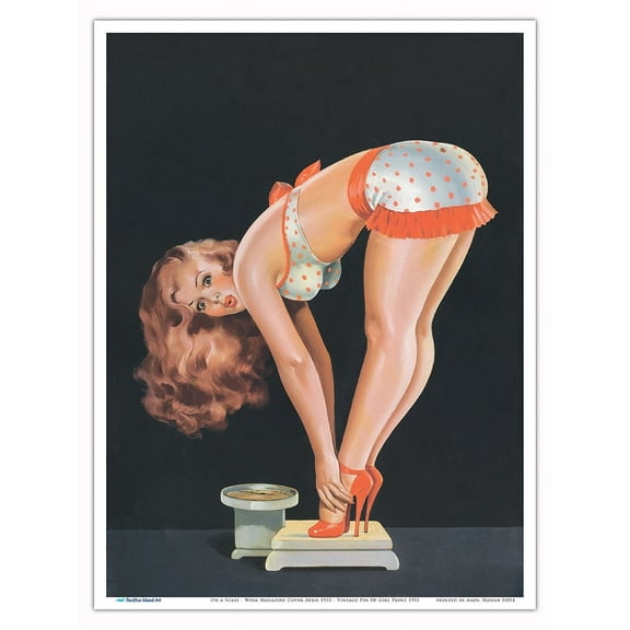 On a Scale - Wink Magazine Cover April 1955 - Vintage Pin Up Girl Print by Peter Driben C.1955 - Master Art Print (Unframed) 9in x 12in