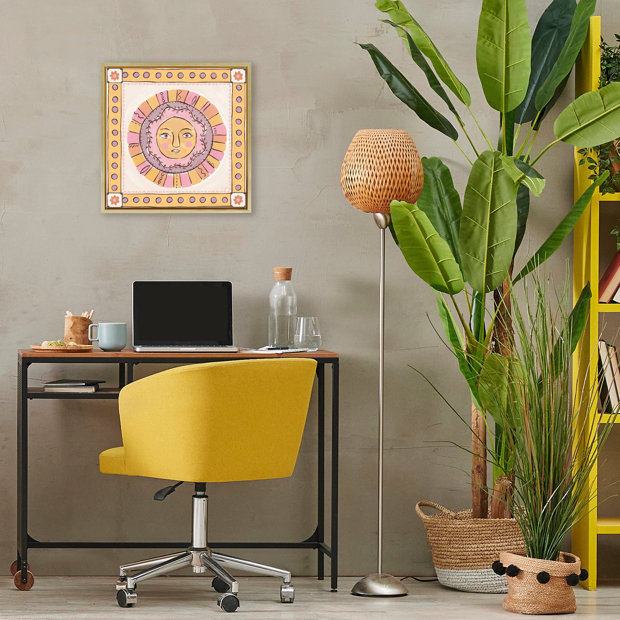 Stupell Industries Pastel Sun Face with Border Gold Framed Floater Canvas Wall Art, design by Two If By Sea Studios