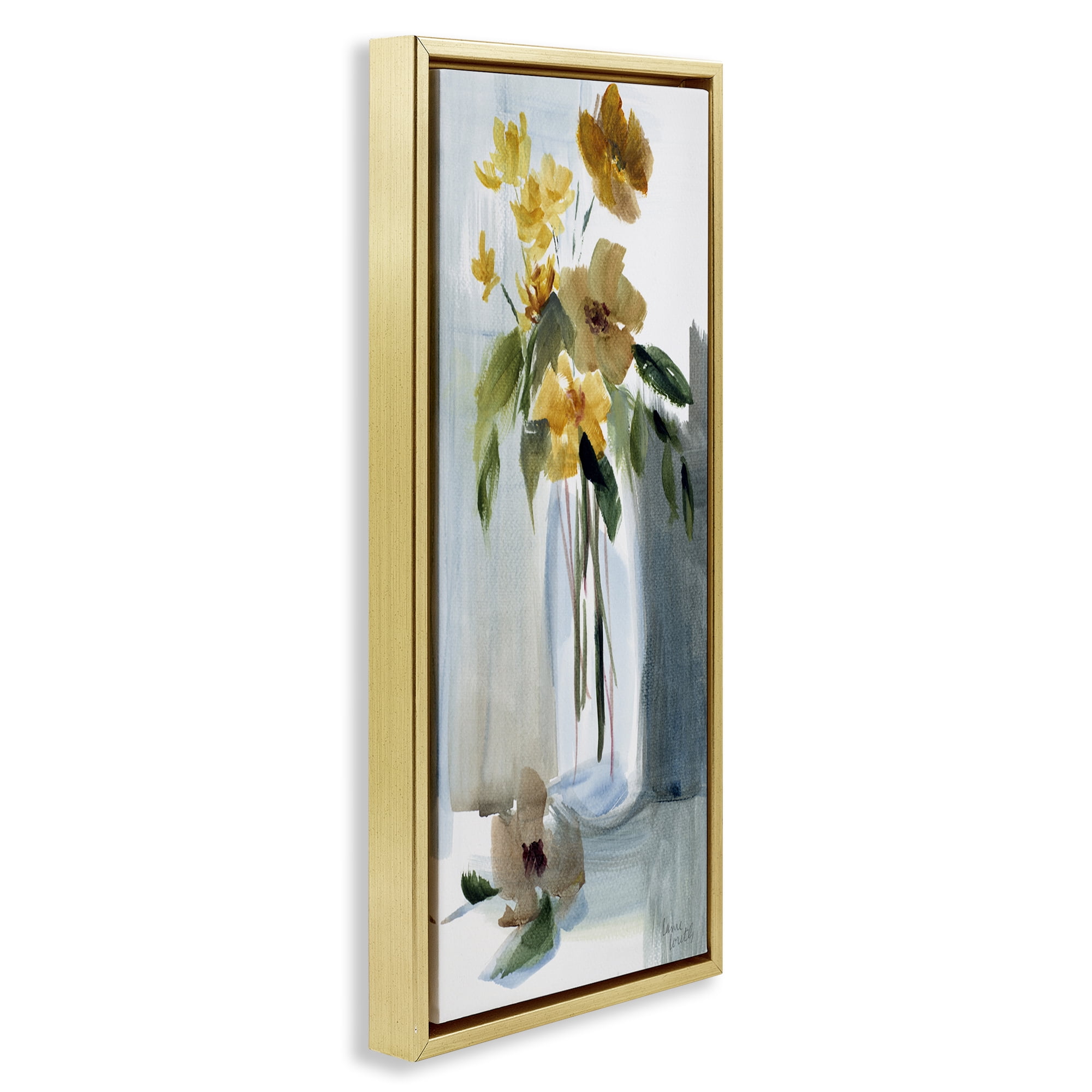 Stupell Industries Luminous Flower Vase Plants & Flowers Painting Gold Floater Framed Canvas Art Print Wall Art, 11 x 25