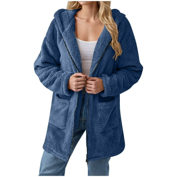 Lovskoo Womens Fuzzy Fleece Long Jacket Solid Color Long Sleeve Full Zip Pockets Hooded Jacket Casual Trendy Outerwear Blue