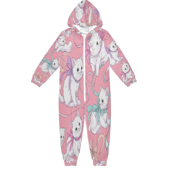 Soft Big Kids Onesie Pajamas Cozy Loose-Fit Jumpsuits for kids with Pockets for Christmas Lounge & Play White Cat Pattern
