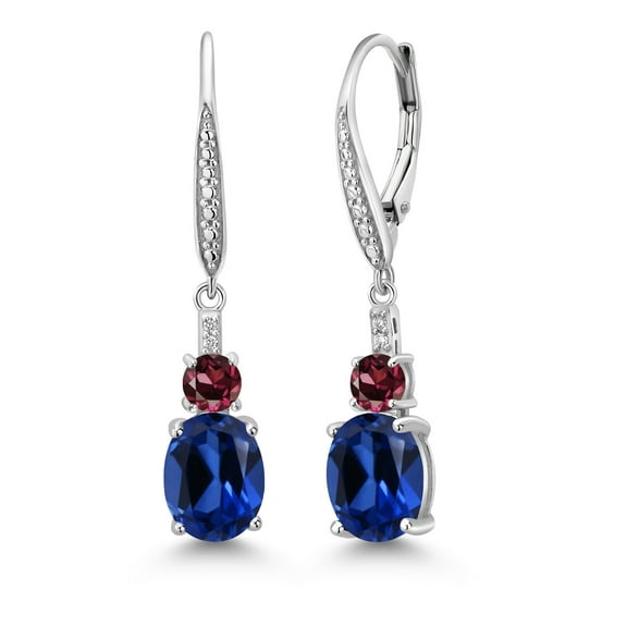 Gem Stone King 925 Sterling Silver Blue Created Sapphire and Red Rhodolite Garnet Dangle Earrings for Women with Lab Grown Diamond (5.37 Cttw, Oval 9X7MM)