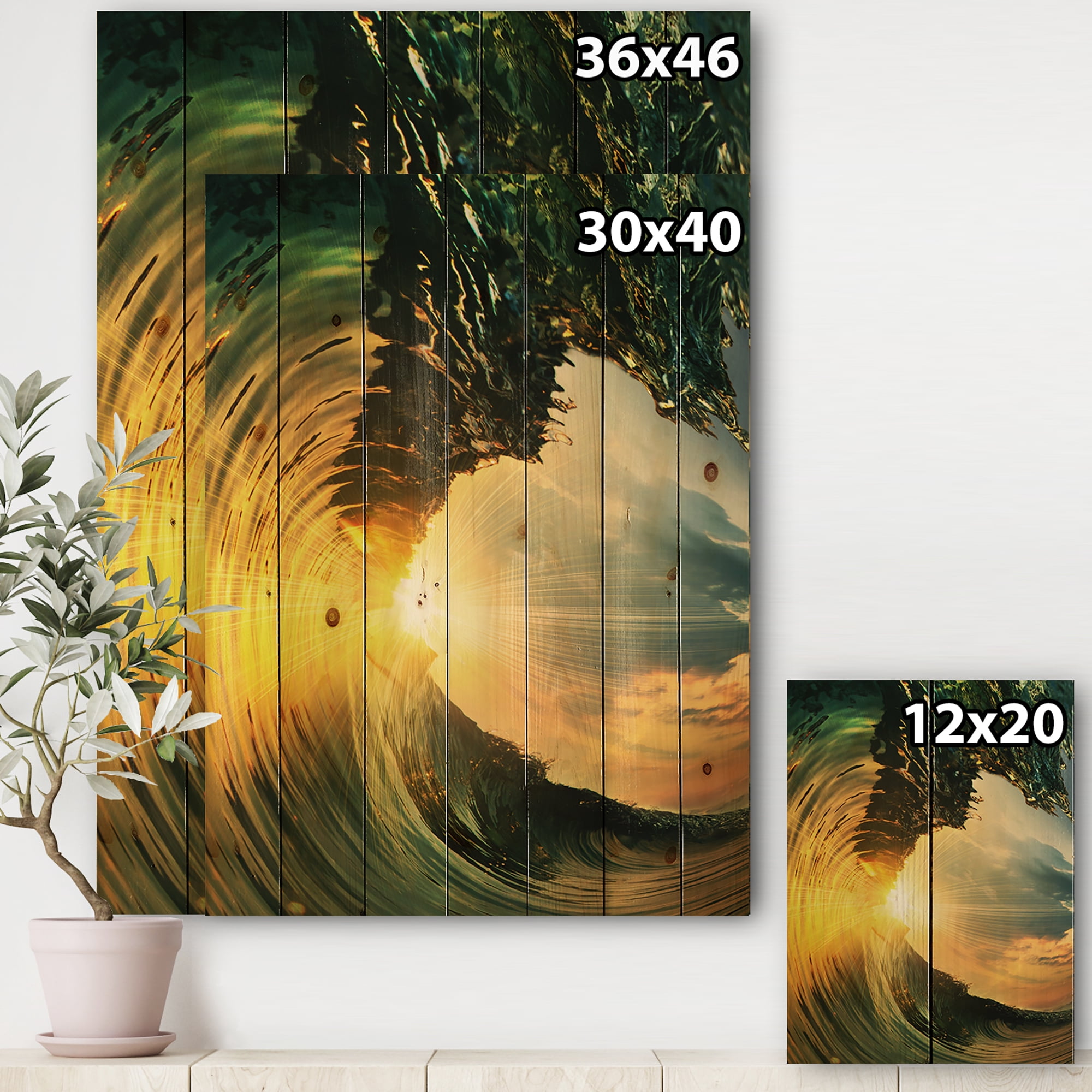 Designart 'Colored Ocean Waves Falling Down At Sunset VII' Modern Seashore Print on Natural Pine Wood