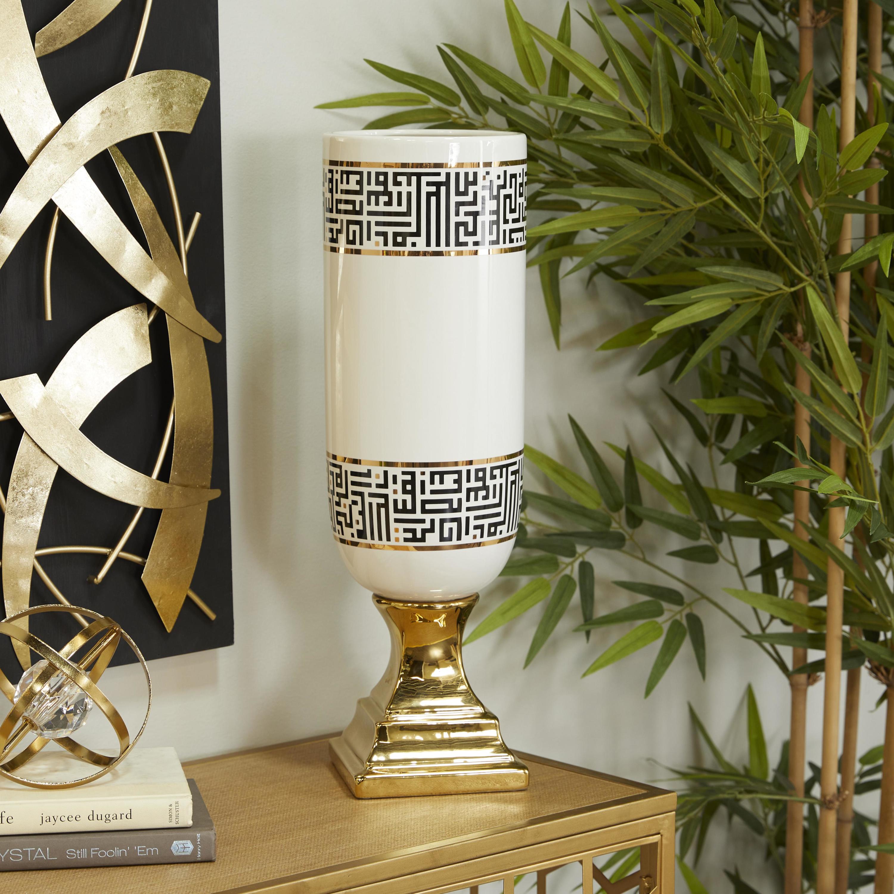 DecMode 21" White Ceramic Vase with Greek Knot Pattern and Gold Base