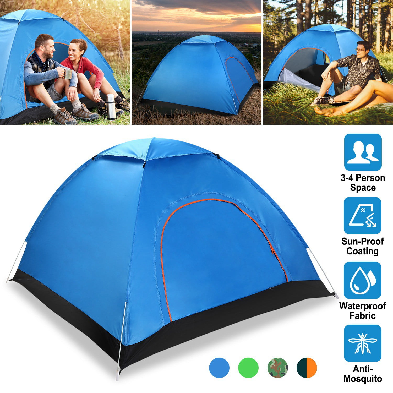 Moclever 3-4 Persons Pop up Tent 3.04lbs Camping Tent Outdoor Folding Waterproof Tent 6.56x6.56x4.26ft with 2 Mosquito Net Doors Carrying Bag for Hiking Climbing Fishing, Green