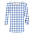 thumbnail image 4 of Dazajoo Eyelet Tops for Women 3/4 Sleeve Casual Check Striped Shirts 2024 Womens Summer Dressy Trendy Crew Neck Tunics Blouse,Light Blue,X-Large, 4 of 4