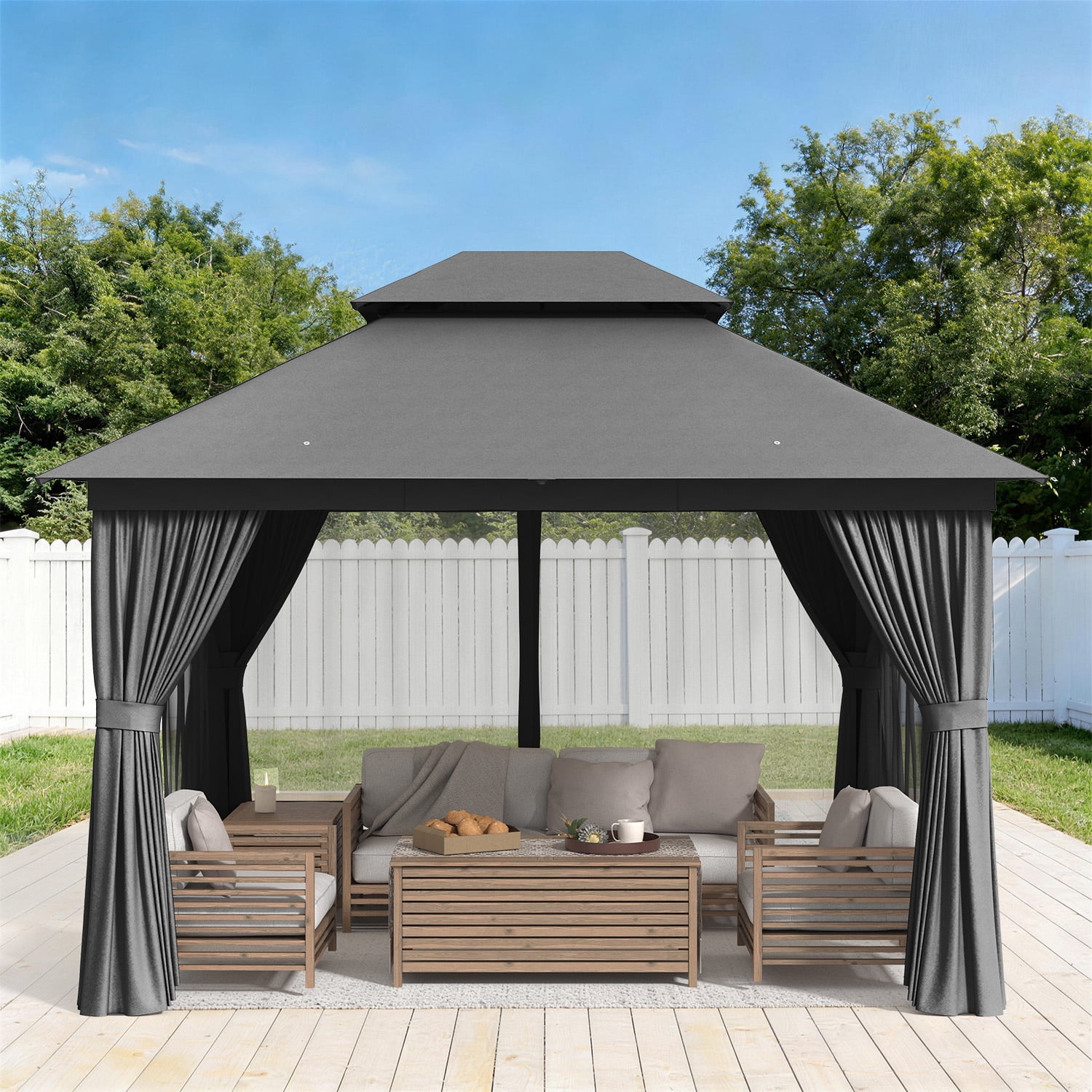 BaPiPro 10'x12' Patio Gazebo, Heavy Duty Double Roof Outdoor Canopy Tent, Mosquito Netting & Sidewall Curtains Included, UV/Wind Resistant Shelter for Garden, Deck, Backyard (Gray)
