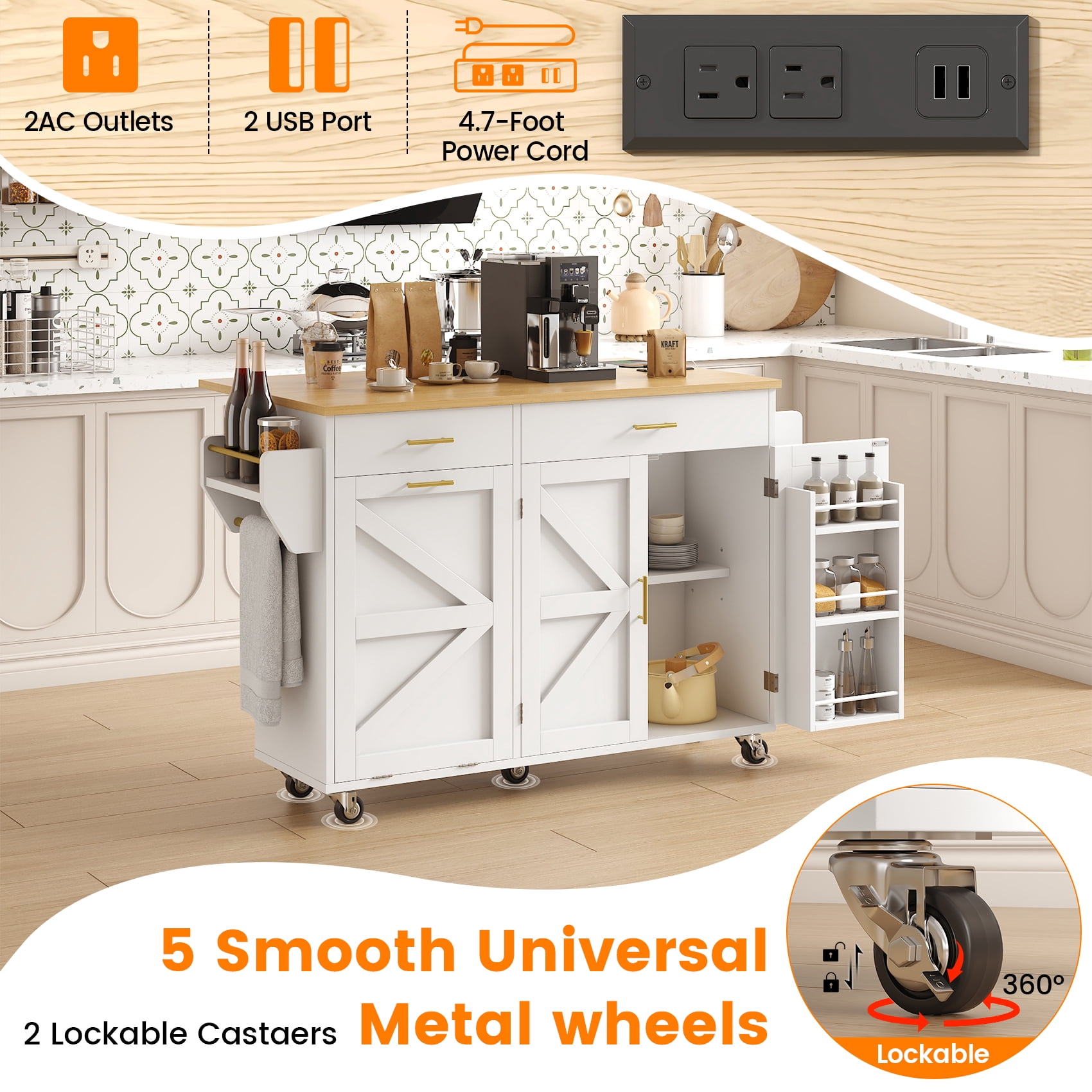 Meteorleg Kitchen Island with Power Outlets & Trash Cabinet, 2 Drawer Modern Buffet Cabinet Sideboard Coffee Bar for Dining Room Living Room, White