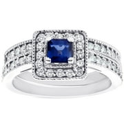 Pompeii 1ct Blue Sapphire Princess Cut Halo Diamond Ring Set 14K White Gold (G/H,I1)