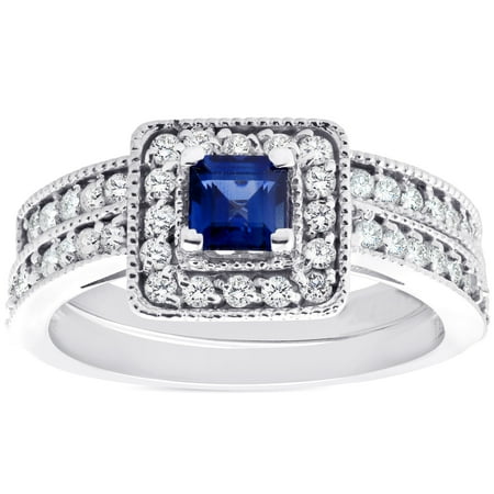 Pompeii 1ct Blue Sapphire Princess Cut Halo Diamond Ring Set 14K White Gold (G/H,I1)