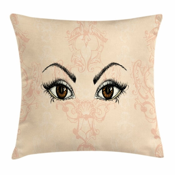 Eyelash Throw Pillow Cushion Cover, Sketch Style Pair of Woman Eyes Female Look with Victorian ...