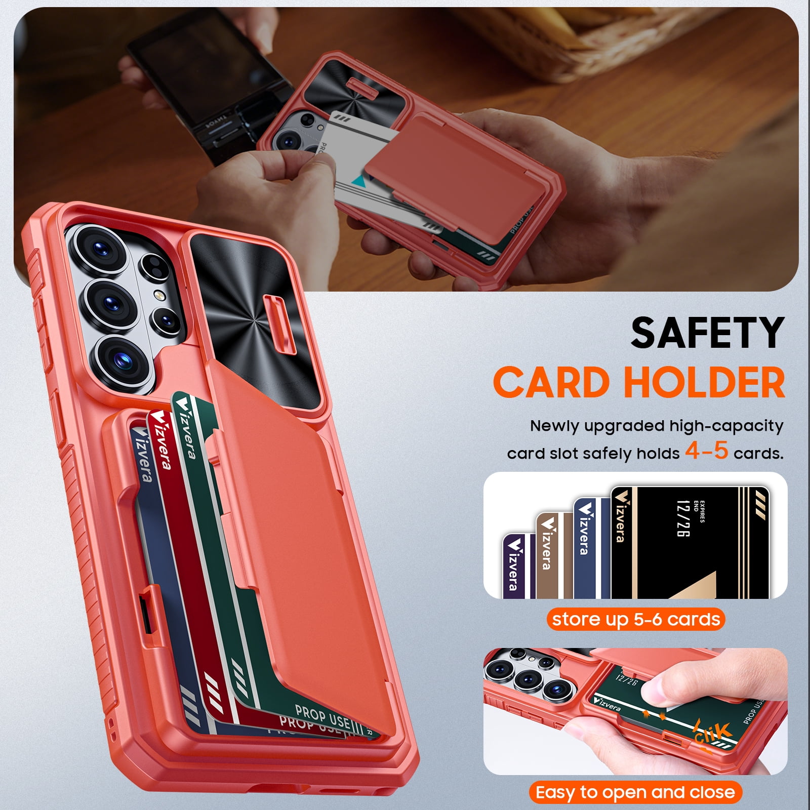 Vizvera for Samsung Galaxy S26 Ultra Case Wallet with RFID [Cards Holder][Camera Cover][Edge Raised] Shockproof Silicone Phone Case-Coral Red